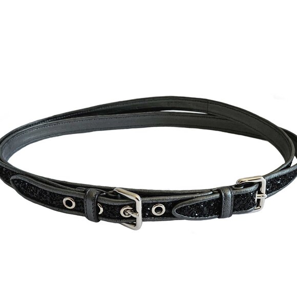 MIU MIU BLACK GLITTER DOUBLE TOUR THIN LEATHER BELT (80) - Picture 1 of 8